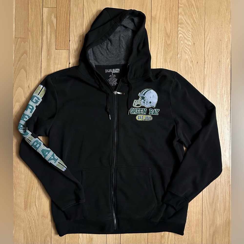 Logan & Martin Men’s Green Bay Packers Black Full Zip Hoodie, Size Large